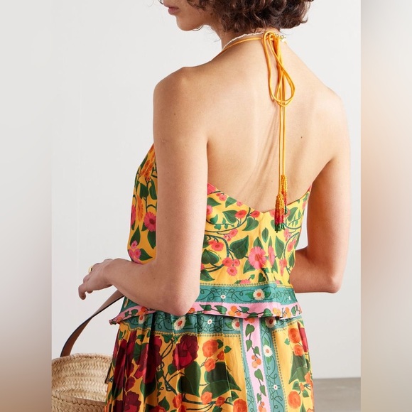 Farm Rio x Anthropologie Floral Pink Heart Printed Satin Halter Top Shirt sz XS - Picture 2 of 6